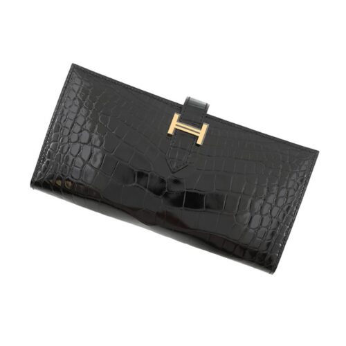 エルメス 長財布 ベアンスフレ ブラック/ゴールド金具 アリゲーターシャイン K刻印 財布 黒