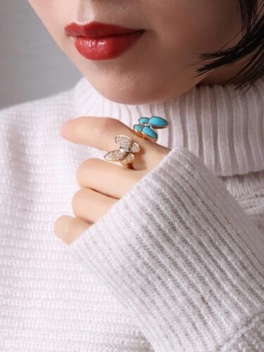 ホワイトニット×ダイヤモンド＆ターコイズパピヨンリング