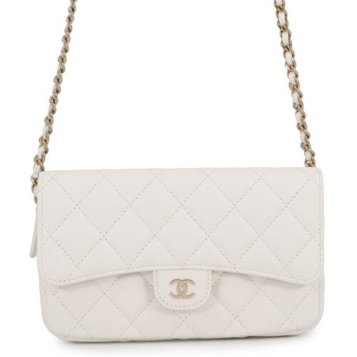 シャネル チェーンショルダーバッグ マトラッセ ココマーク フラップ フォンケース キャビアスキン AP2096 CHANEL 白